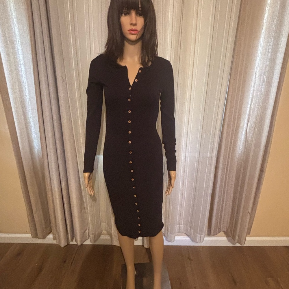 Ribbed Black Button-Down Dress